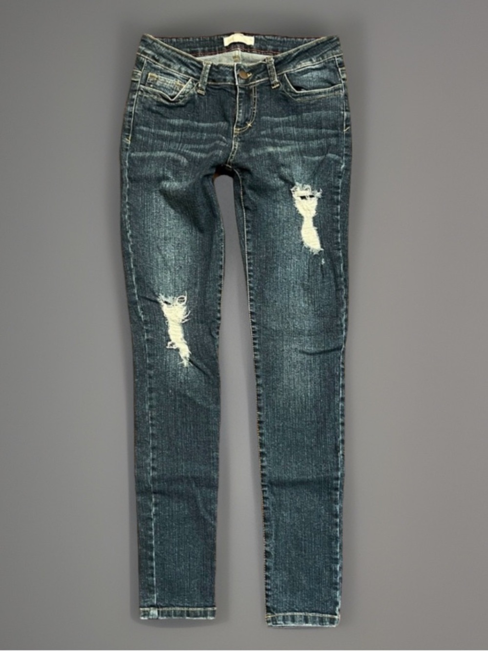 21 DENIM CHIC Distressed Dark Denim Destroyed Ski Skinny Stretch Jeans 27